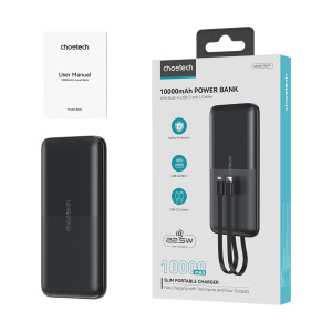 Повербанк Choetech B654 10000mAh 22.5W QC3.0 PD3.0 встроенные кабели Type-C и Lightning Black