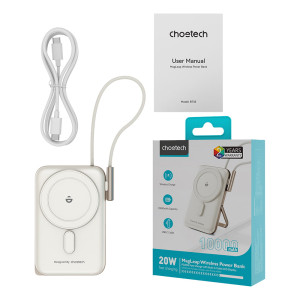 Повербанк Choetech B735 10000mAh QC3.0 PD3.0 беспроводная магнитная зарядка, встроенный кабель, подставка White